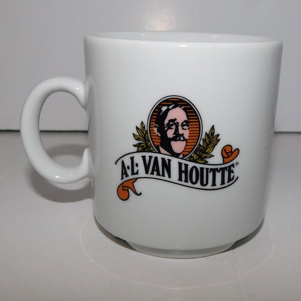 Vintage A.L. Van Houtte Coffee Mug White Porcelain Danesco Canada 3.25"